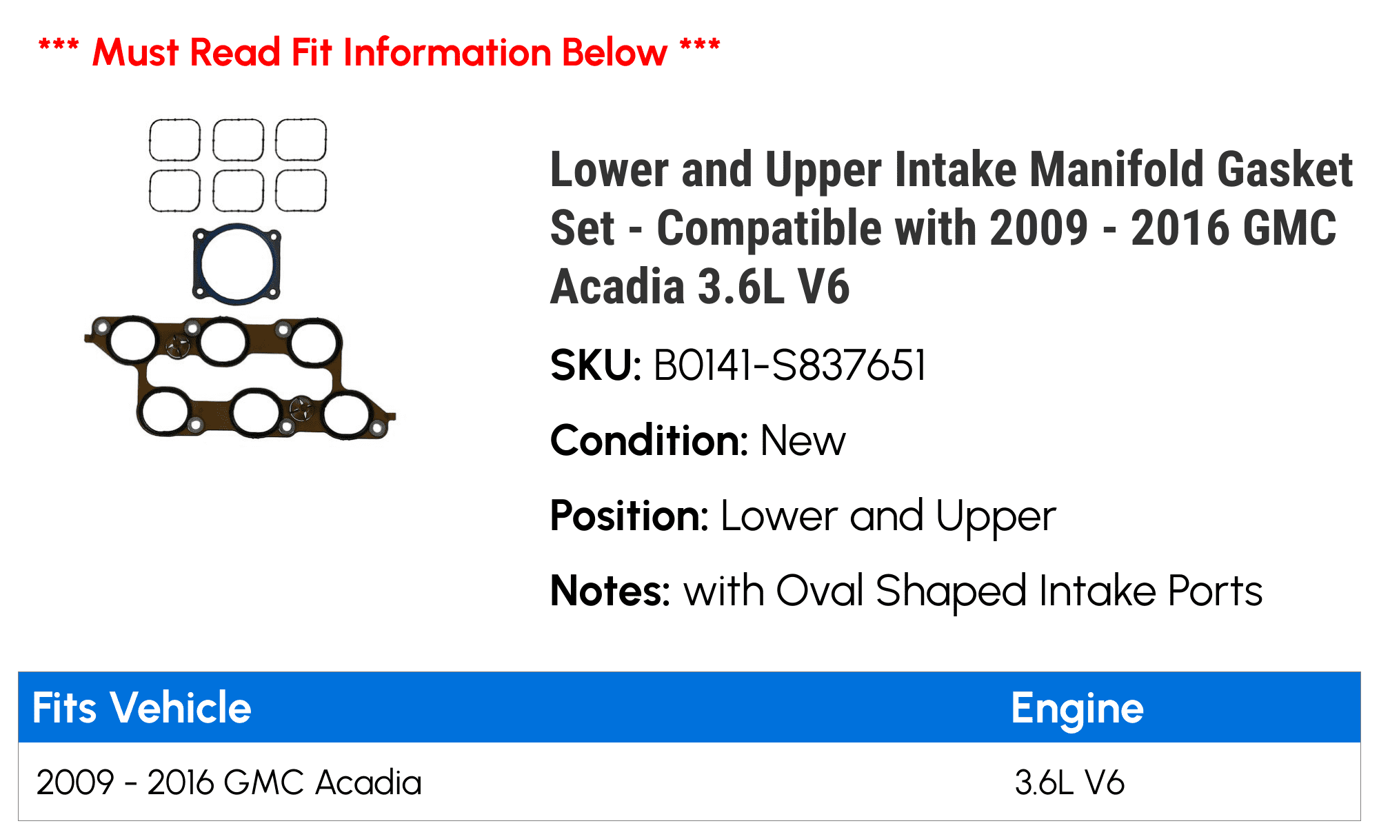 Lower and Upper Intake Manifold Gasket Set - Compatible with 2009 - 2016 GMC Acadia 3.6L V6 2010 2011 2012 2013 2014 2015