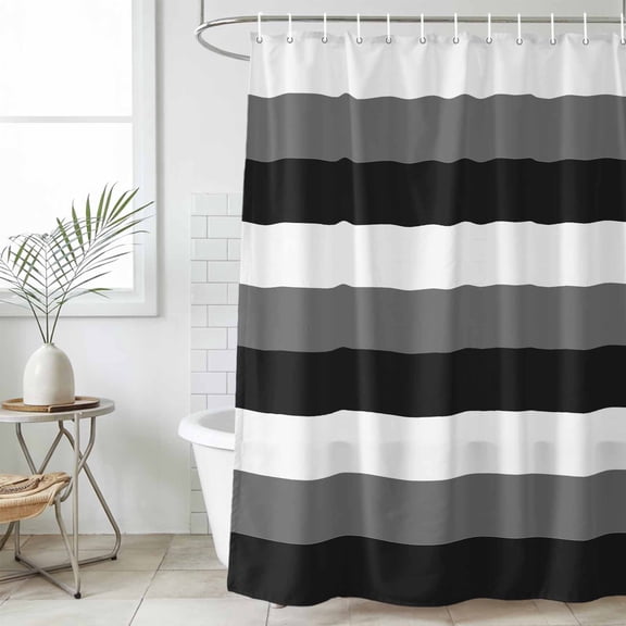 Grey Black White Striped Waterproof Shower Curtain, 48"x72" Washable Polyester Fabric Shower Curtains for Bathroom, Farmhouse Stripes Decorative Bathtub Curtain Sets with Hooks