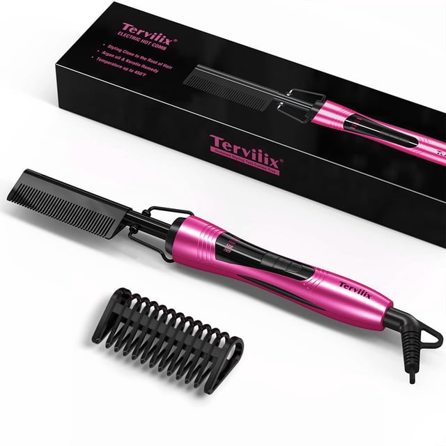 Peine eléctrico caliente de Terviiix, peines de presión para cabello negro natural, pelucas y barba, peine alisador antiescaldaduras con dientes con queratina y aceite de argán, temperatura ajustable,