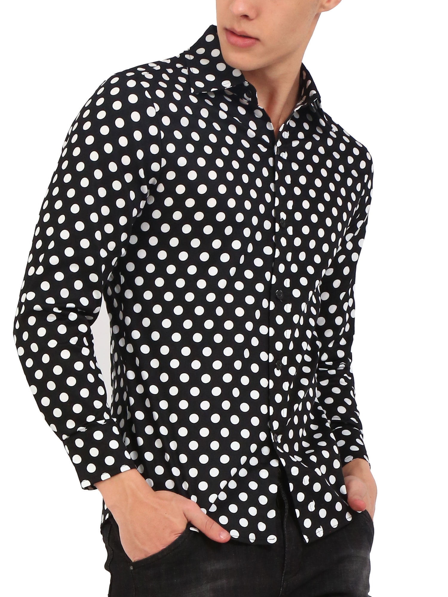 Unique Bargains Men's Long Sleeve Button Slim Polka Dots Shirt 38 Black