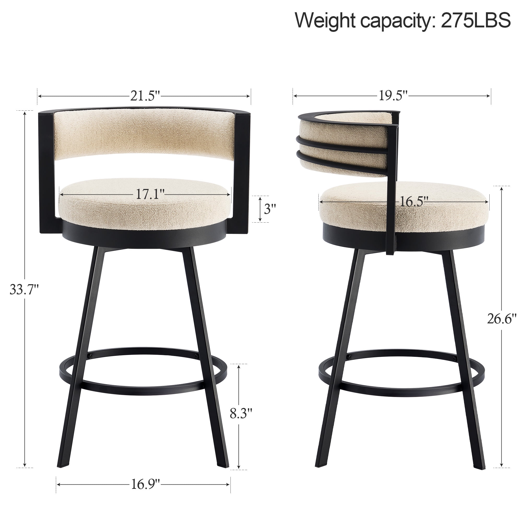 Zesthouse 26.6″ Swivel Bar Stools Set of 2, Linen Upholstered Counter Stools with Barrel Back and Metal Legs, Modern Counter Height Barstools for Kitchen Island, Beige