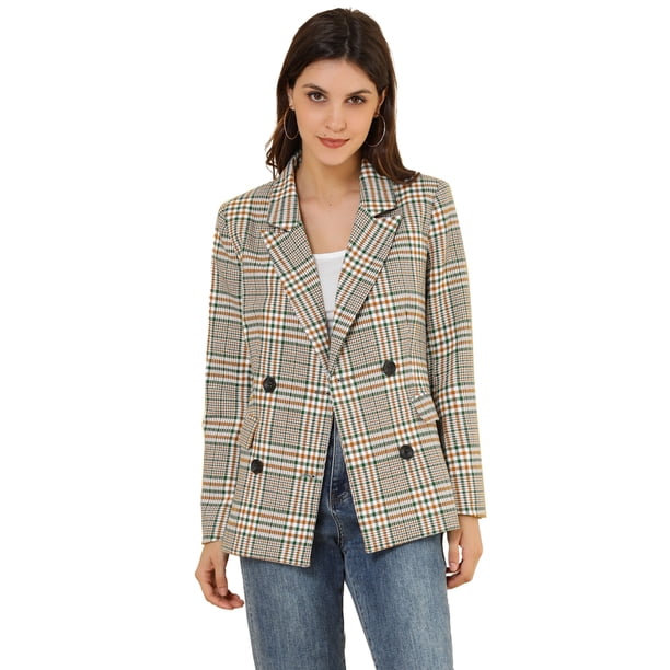 Chaqueta formal Allegra K para mujer con solapa con muesca y Doble botonadura Trabajo a cuadros Blanco verde XS