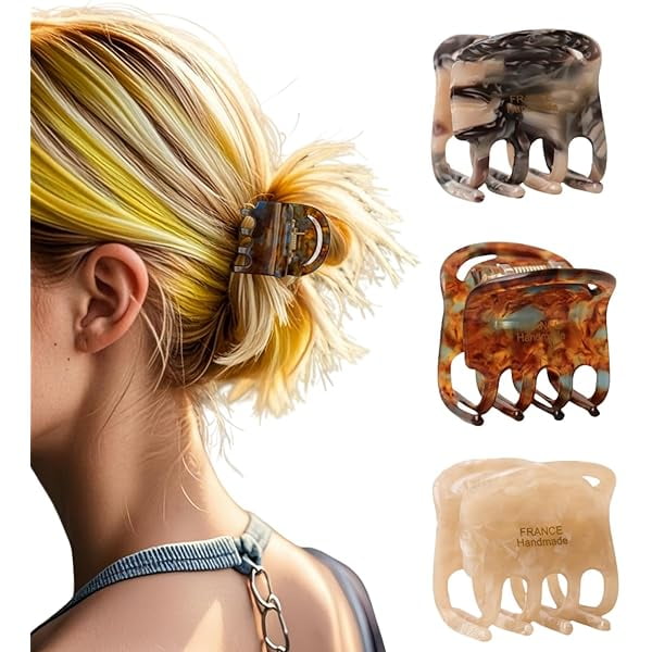 wonima11 3 Pcs French Tortoise Hair Claw Clips,Durable Non-Slip Celluloid Acetate Hair Accessories for Women with Thin Hair,Beach Essentials Lightweight Small Jaw Barrettes(Gray,Brown,Black)
