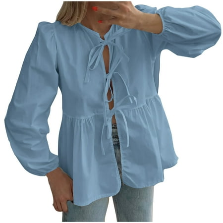 JWZUY Women s Tie Front Y2K Peplum Babydoll Top 3/4 Length Puff Sleeve Cute Going Out Lace Up Shirt Long Sleeve Peplum Blouse Sky Blue#/001 S