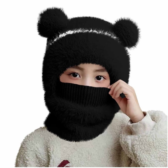 Lorytime Kids Winter Hat with Neck Warmer Attached Warm Scarf Bear Ears Cap Windproof Double Layer Hat 3-6 Years
