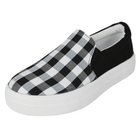 Soda Flat Women Shoes Slip On Loafers Casual Sneakers Memory Foam Insoles Hidden Platform / Flatform Round Toe HIKE-G White Black Plaid 5.5