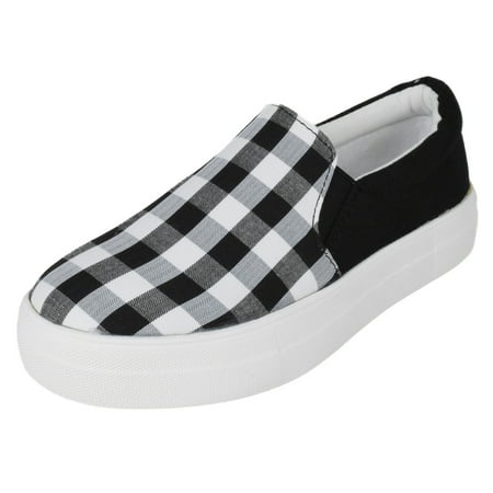 

Soda Flat Women Shoes Slip On Loafers Casual Sneakers Memory Foam Insoles Hidden Platform / Flatform Round Toe HIKE-G White Black Plaid 6.5