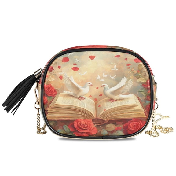 Womens Casual Chain Shoulder Bag Simple style Red Roses White Doves Crossbody Bag