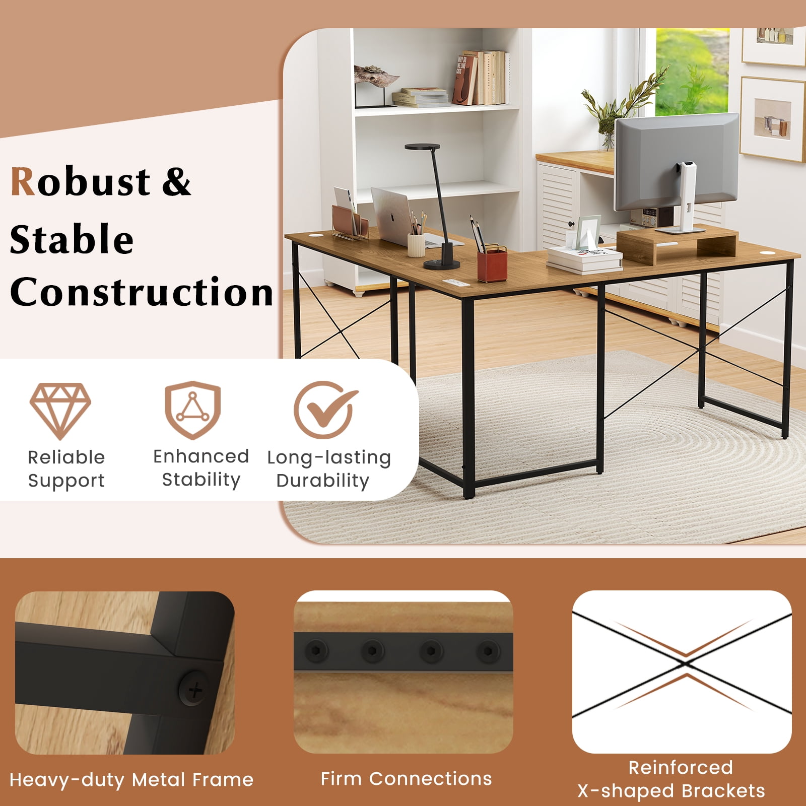 Giantex 95 Inch Reversible Corner Desk, L-Shaped Computer Desk w/Monitor Stand & 3 Cable Holes, 2-Person Long Study Writing Desk for ome Office, Natural