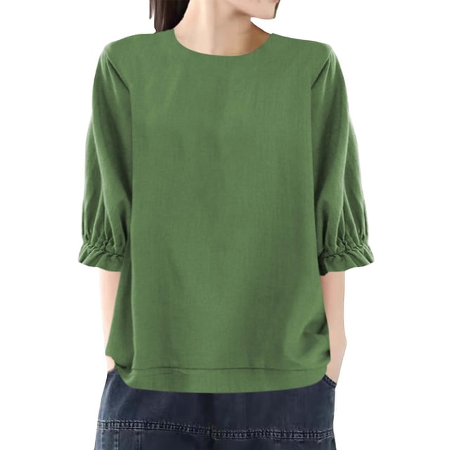 Yubnlvae Haut Vert pour Femme, Coupe Ample, Col Rond, Grande Taille, Manches Cinq Points, m