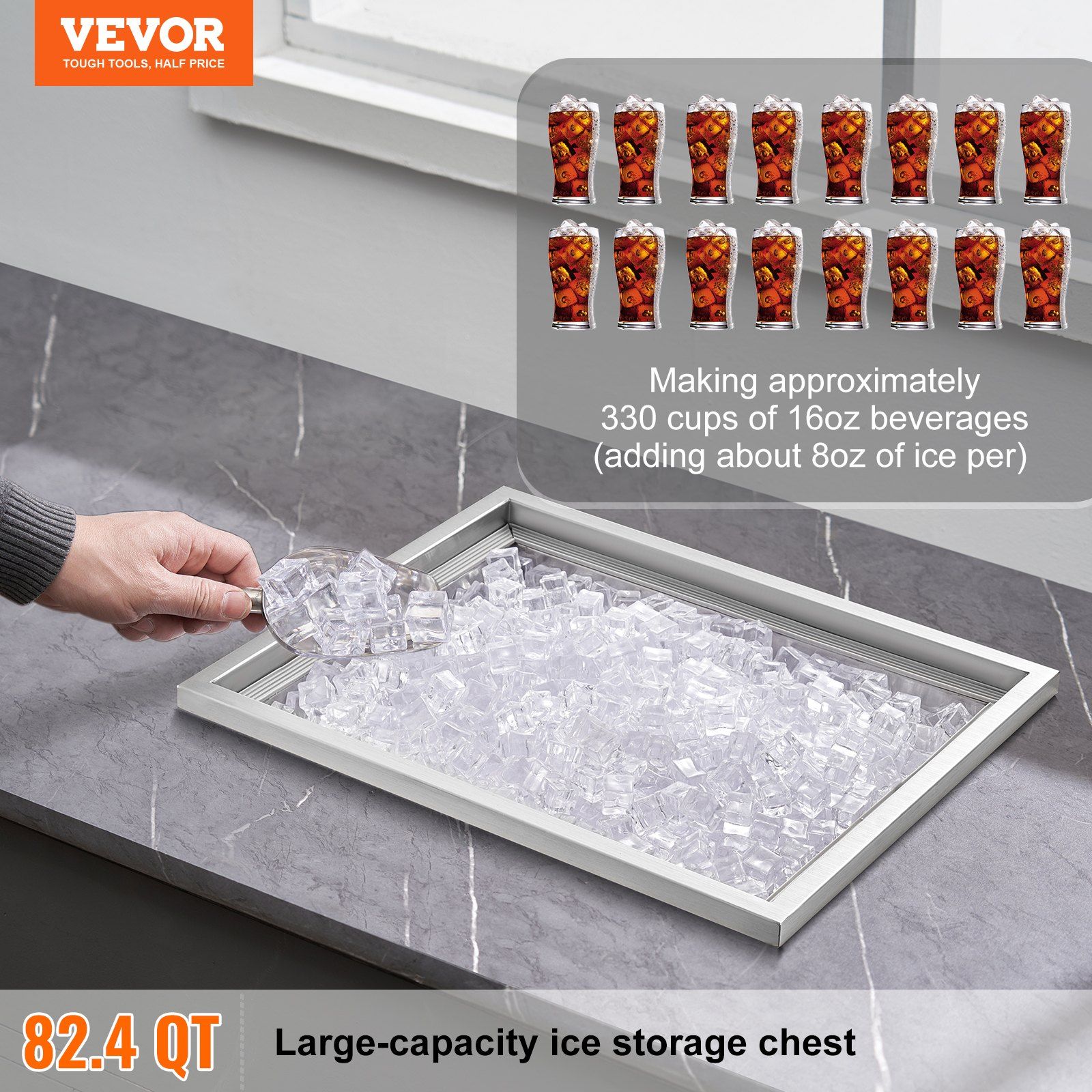 HCY Drop in Ice Chest, 21"L x 17"W x 18"H Stainless Steel Ice Cooler, Commercial Ice Bin with Cover, 40 qt Outdoor Kitchen Ice Bar, Drain-pipe and Drain Plug Included, for Cold Wine Beer