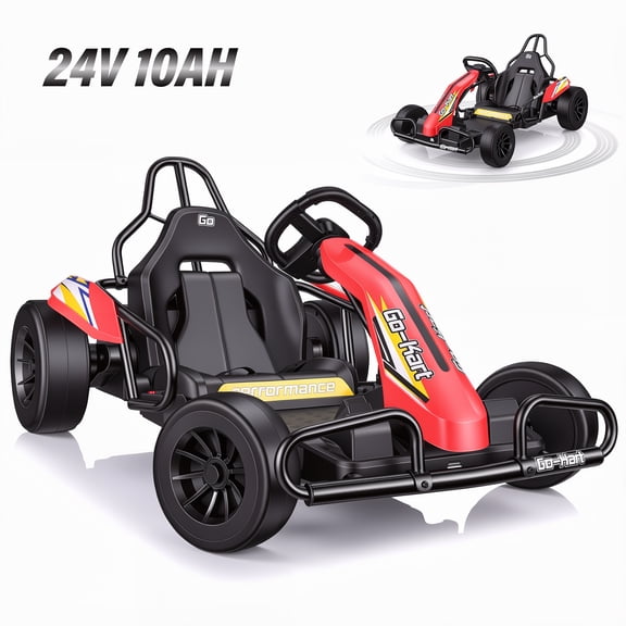 VIBESPARK Go Kart, 24V 10AH Electric Drift Go Kart for Kids Ages 6-14, 360° Drift Mode, Ride On Car with Backrest & Adjustable Seat, 300W Dual Motors, Max Speed 7.5mph/h, Red