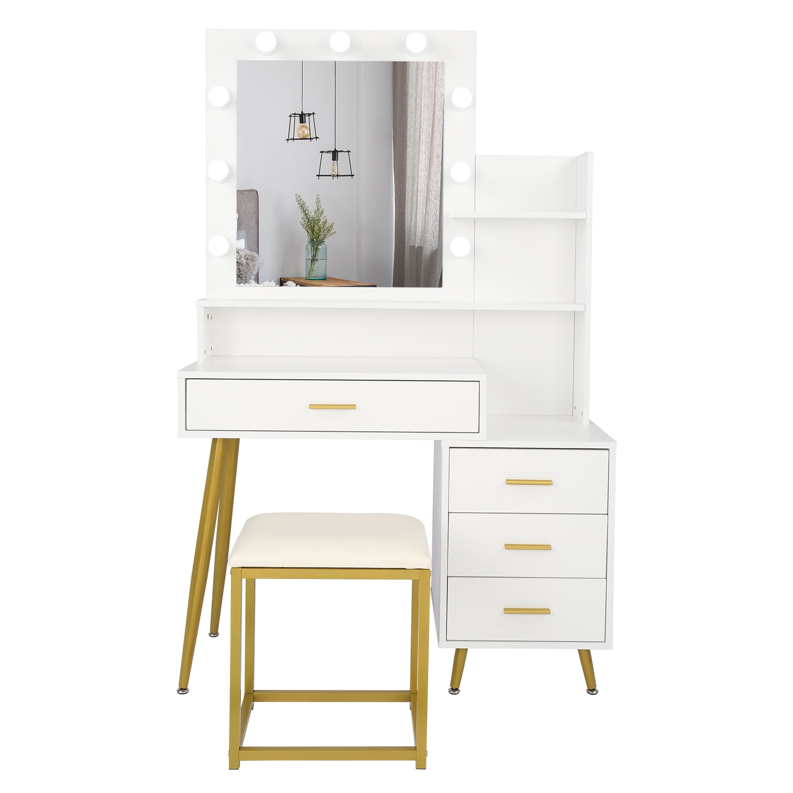 Large Vanity Set with 9 LED Bulbs, Makeup Table with Cushioned Stool, 3 Storage Shelves 4 Drawers, Dressing Table Dresser Desk for Women, Girls, Bedroom, White