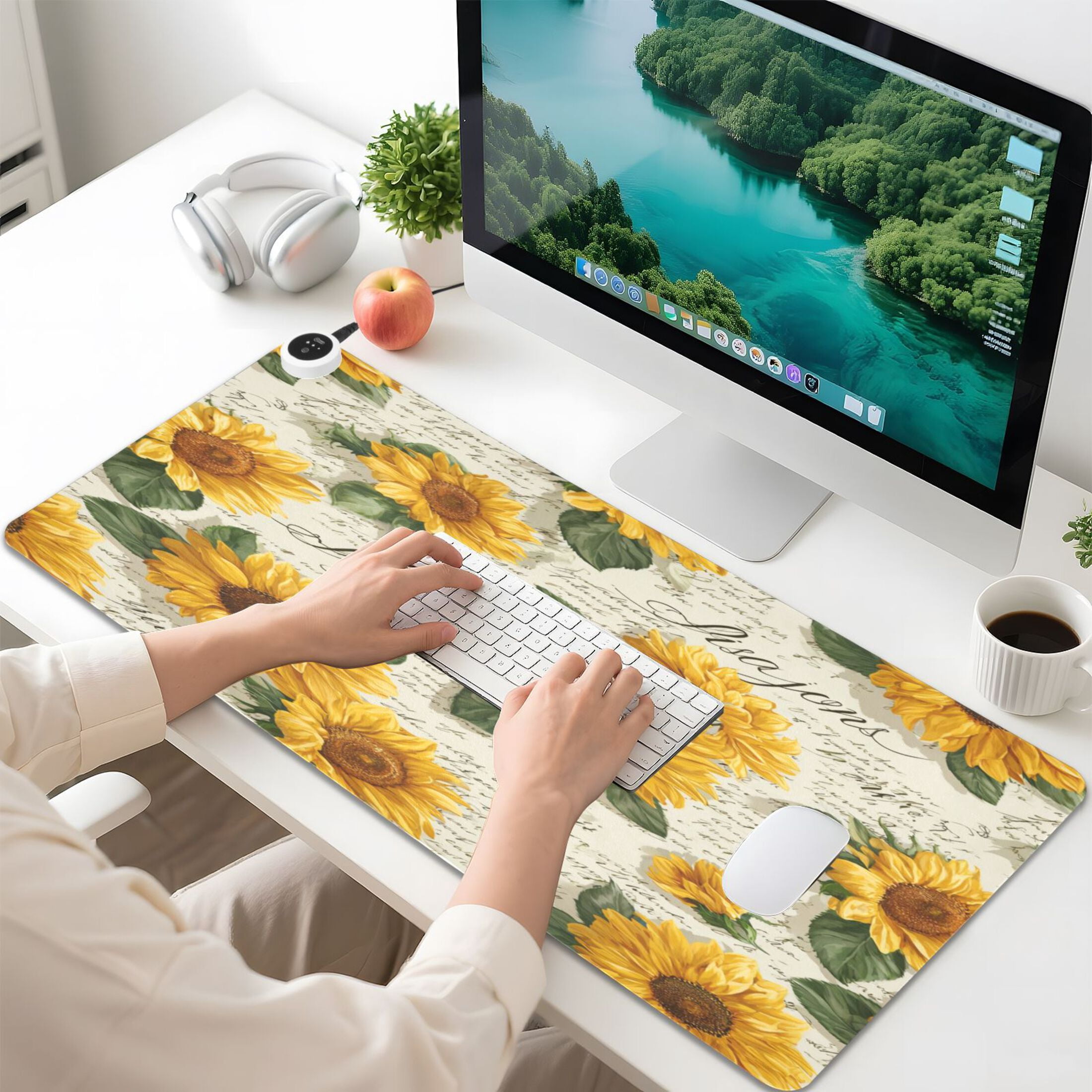 Large Heated Desk Mat Mouse Pad 31.5"x13"PU Leather Graphene Heating Desk Warmer with 3 Temperature Settings 110V US Plug Non-Slip Warm Pad for Home, Office, and Gaming Vintage Paper with Sunflowers