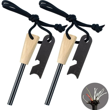 

Fire Starter-2 Packs Traditional Magnesium Ferro Rod 20 000+ Strikes Beech Handle Survival Igniter with Neck Waxed Fire Tinder Paracord (28inch) & 6-in-1 Multi-Tool Striker