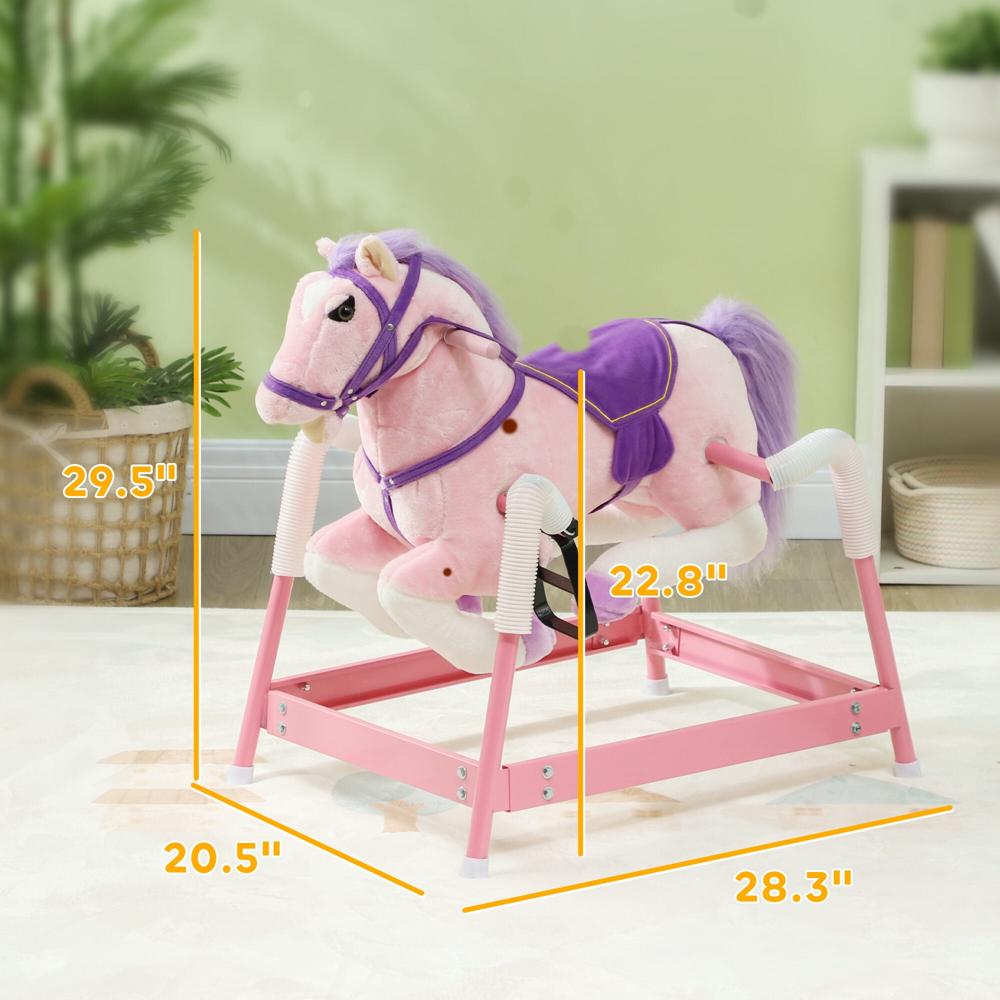 Qaba Spring Rocking Horse,Kids Ride On Horse,Plush Horse Ride-On with Sounds & Foot Stirrups,Saddle for Kids 3-8 Years,Pink,Pink Plastic Toys Kids Bikes Riding Toys