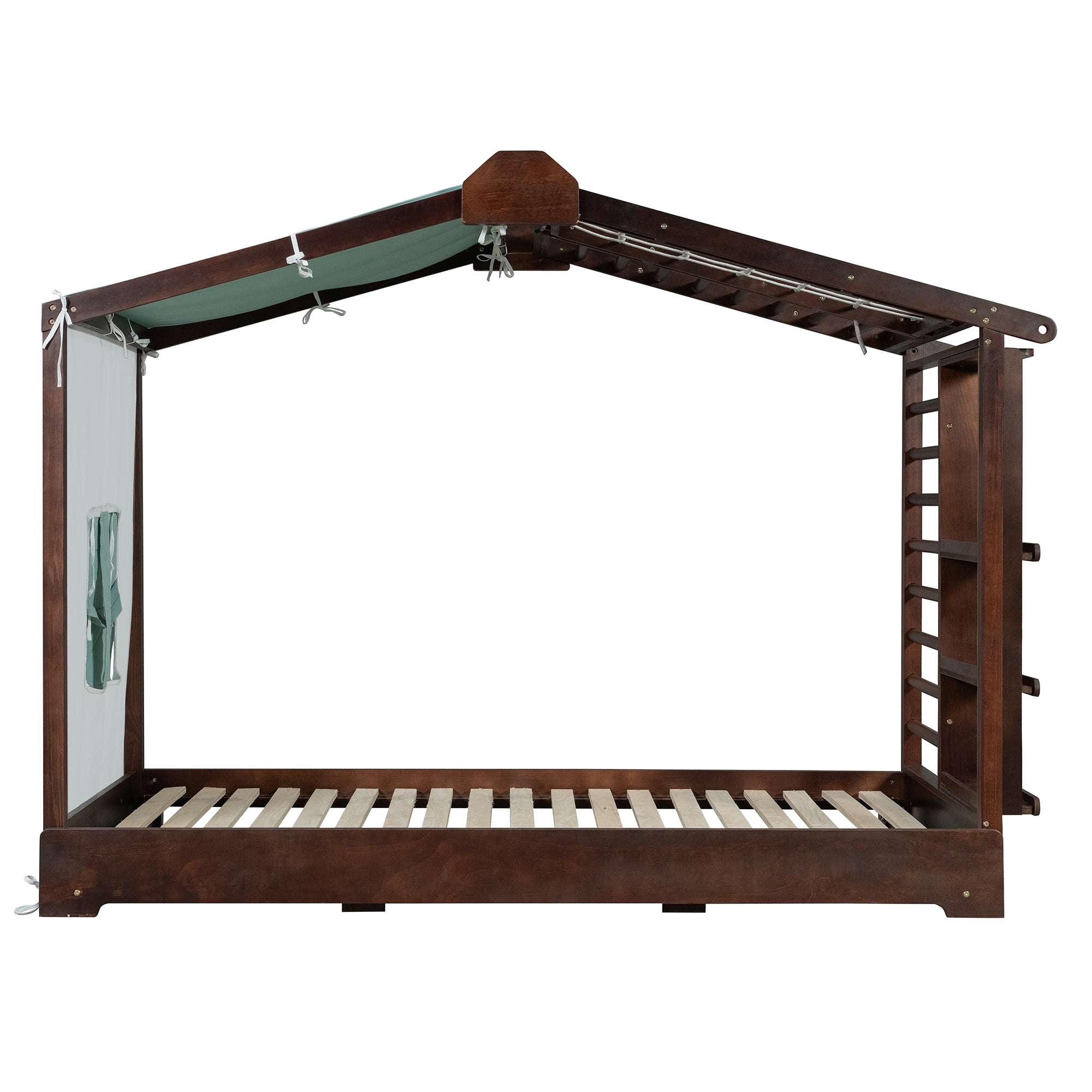 Twin Size House Bed with Twin Size Trundle and Side Shelves, Espresso