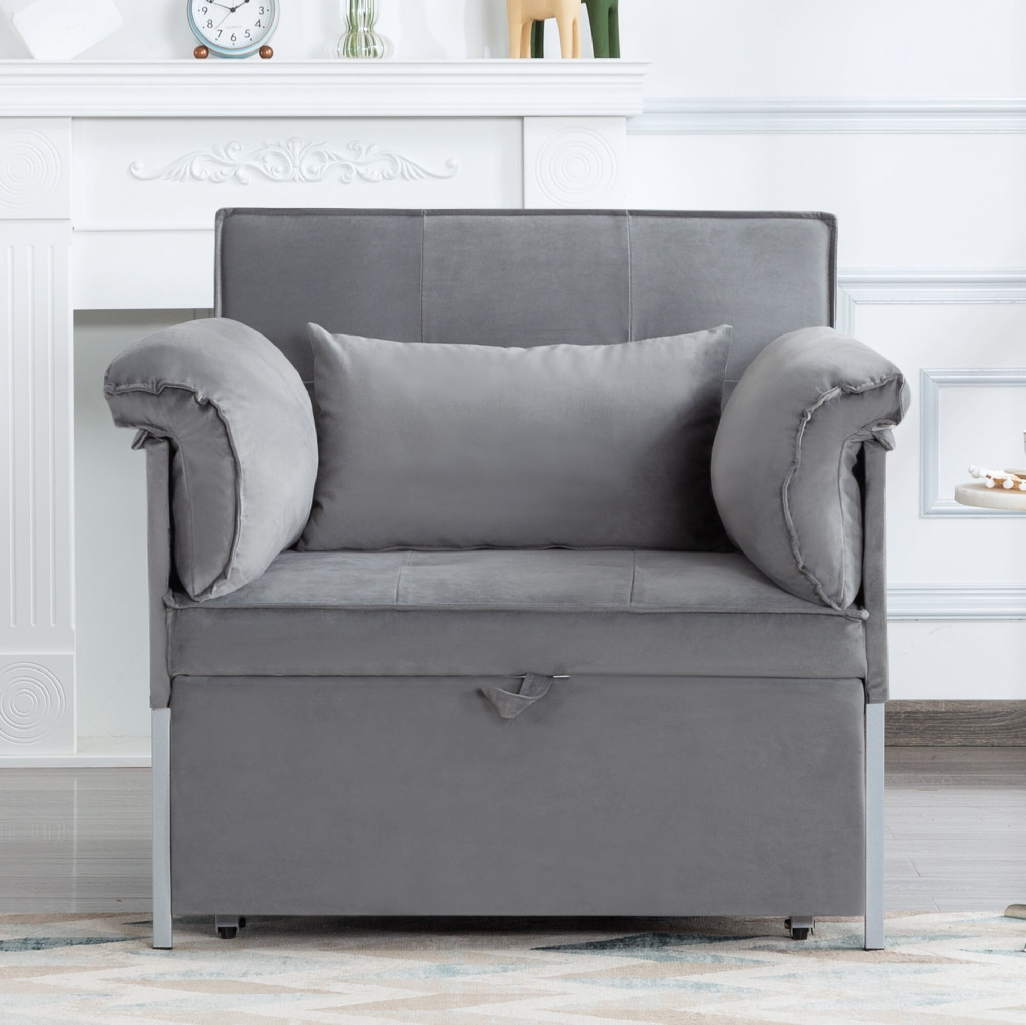 AENKYO 3-in-1 Convertible Sleeper Chair Bed with Adjustable Backrest, Velvet Chaise Lounge Sofa for Small Spaces, Gray