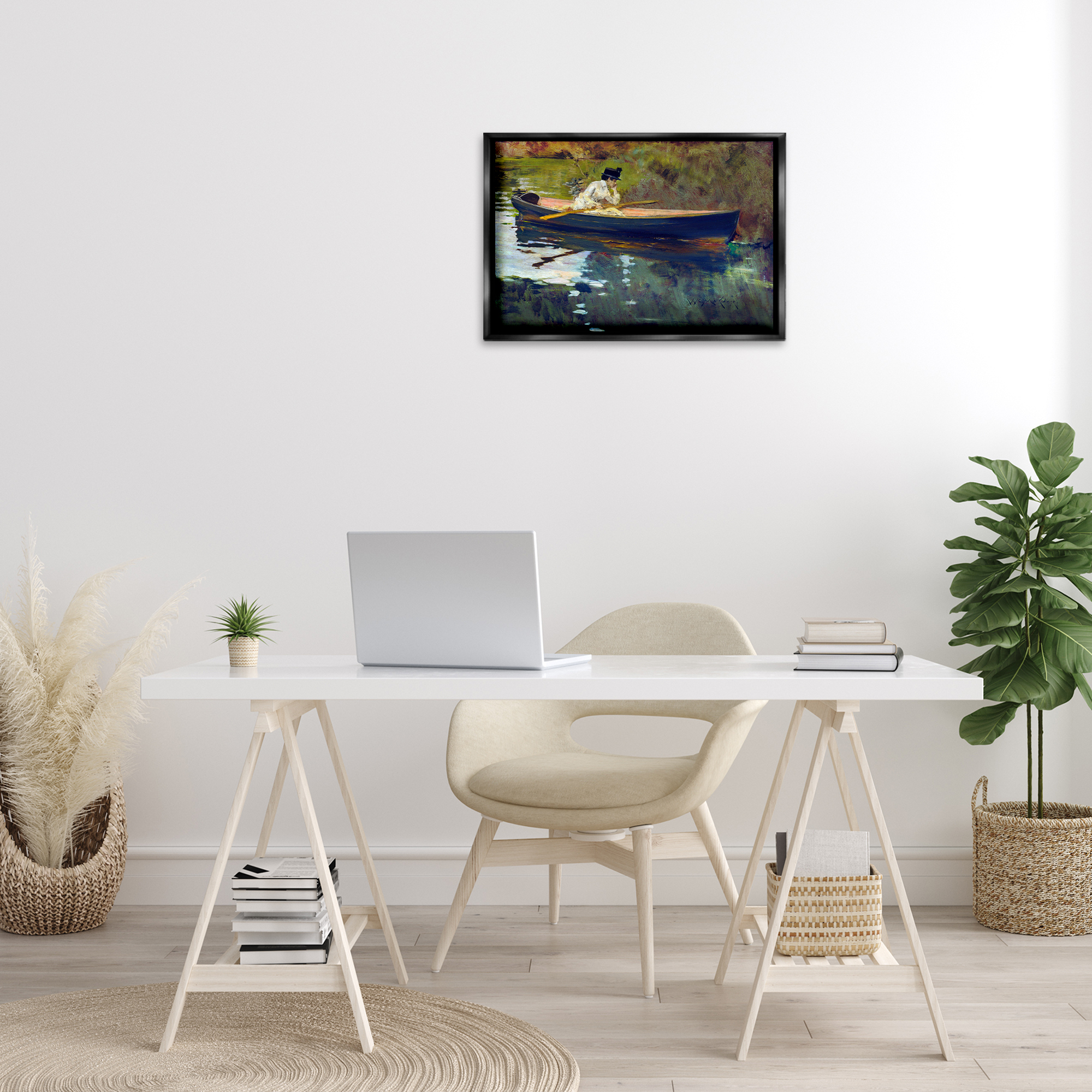 Stupell Industries Thoughtful Woman on Canoe Novelty Painting Black Floater Framed Art Print Wall Art, 25 x 17