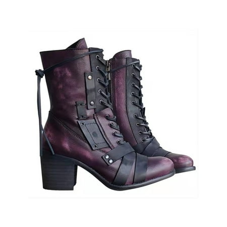 

Gomelly Womens Comfortable Stacked Heel Boot Non-slip Heeled Shoes Work Retro High Top Purple 5.5
