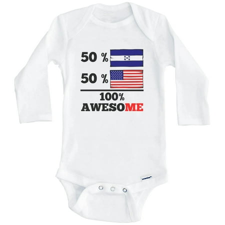 

50% Honduran 50% American 100% Awesome Funny Honduras Flag One Piece Baby Bodysuit (Long Sleeve) 0-3 Months White