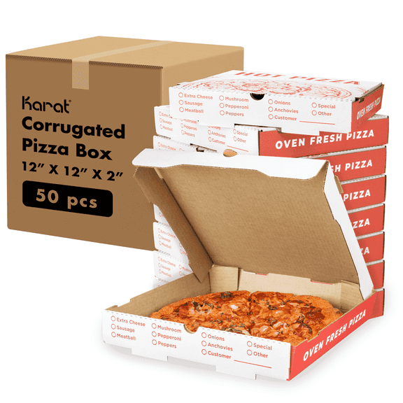 Karat Generic Print Pizza Boxes - Grease-Resistant Corrugated Pizza Box, Ventilated & Convertible to Plate, Perfect for Personal & Pizzas - Pack of 50 (12")