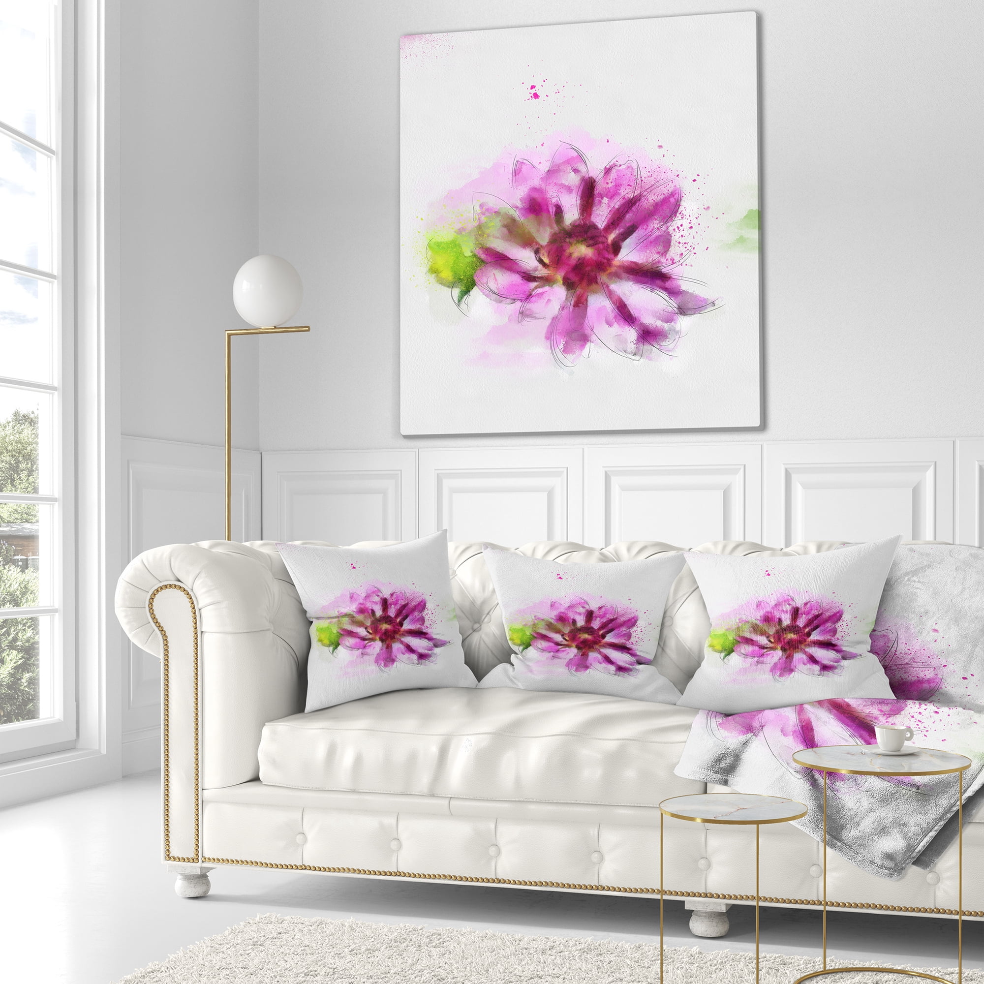 Designart Purple Flower with Green Leaves - Floral Throw Pillow - 18x18