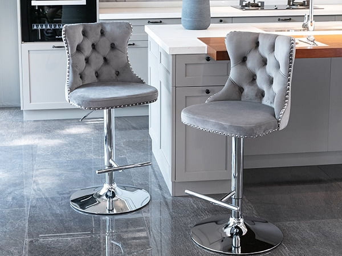 ODUSE-DAILY Gray Velvet Bar Stools Set of 2 - Adjustable Swivel Counter Height Chairs with Tufted Back and Nailhead Trim for Kitchen Island Pub Restaurant (2Pcs, Chrome Metal, Grey)