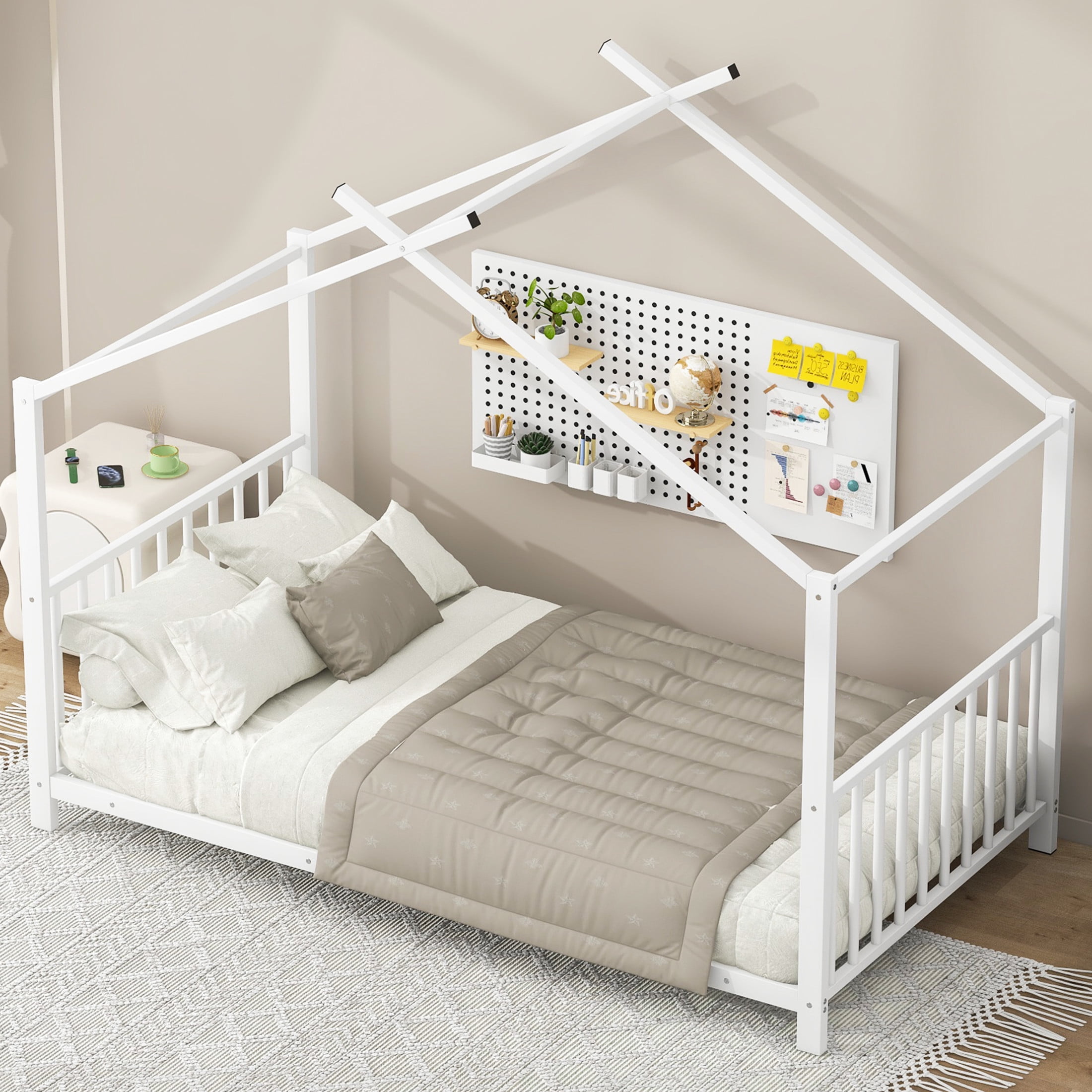 Noble House Ella Twin Metal House Bed, Modern Minimalist Playhouse Bed Frame with Wood Slats, for Kids, White