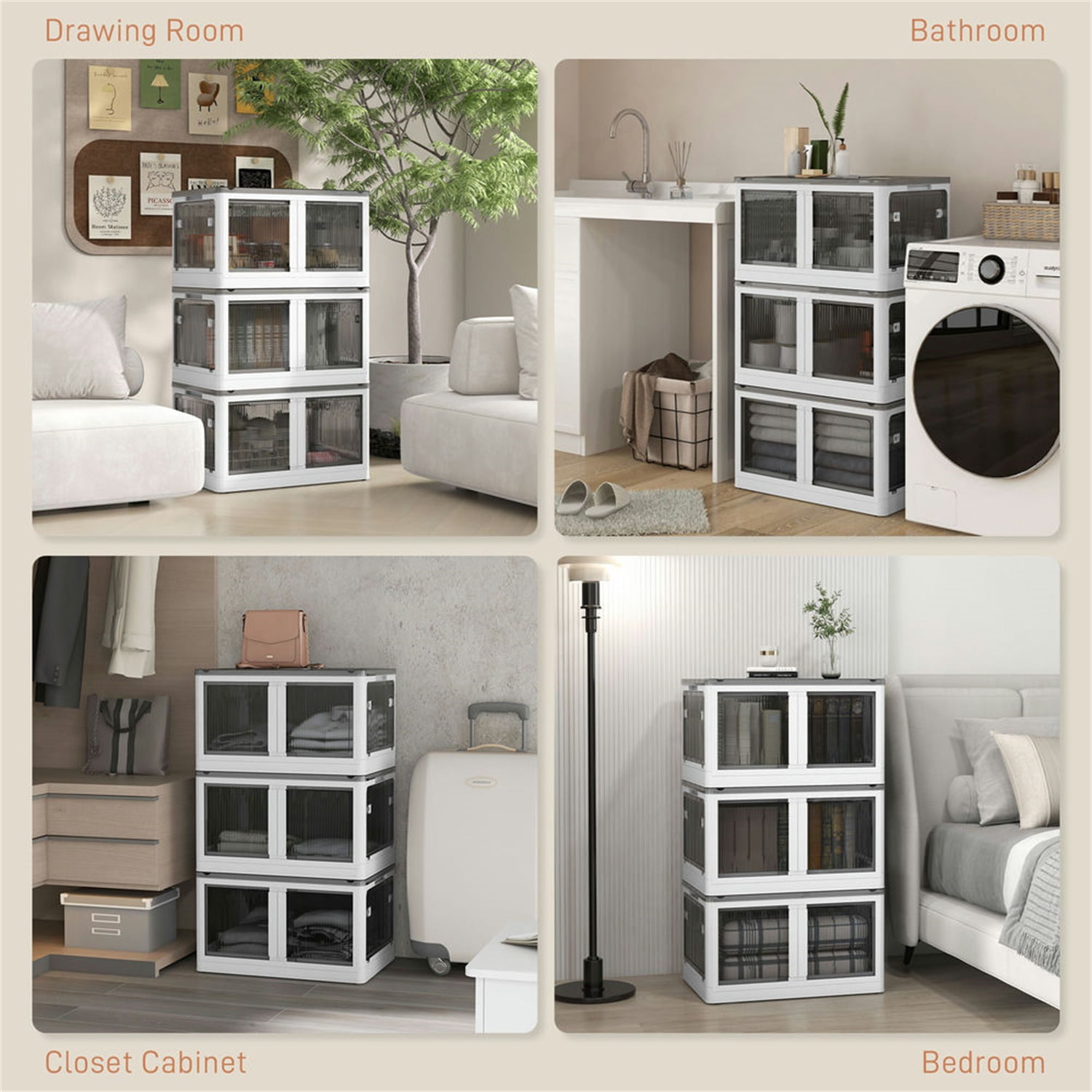 Hommoo Furniture,Stackable Storage Bins with Lids, Collapsible Closet Organizers and Storage, Plastic Drawer Storage Container on Wheels with 5-Sided Access, Doors for Blankets,White