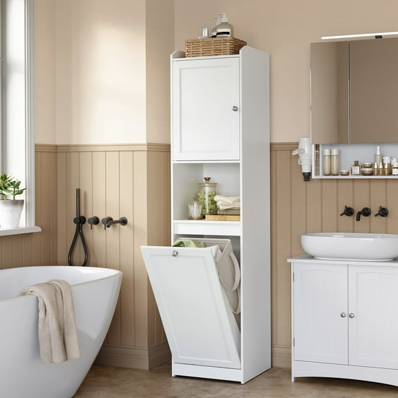 Multi-Functional Tall Bathroom Cabinet with Removable Laundry Basket and Adjustable Shelves - Organize Your Bathroom Efficiently