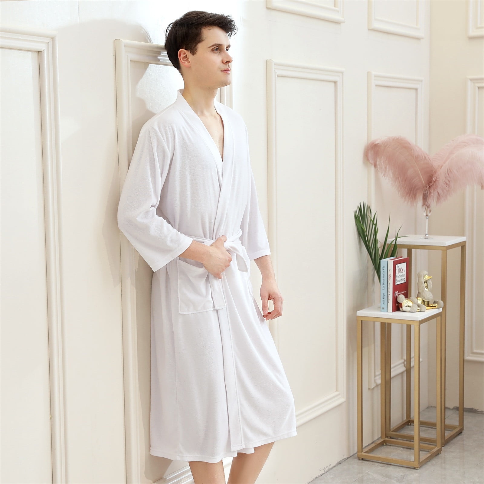 Men's Robe Soft Bathrobe Sleepwear Long Sleeve Nightwear Kimono Pajamas Summer