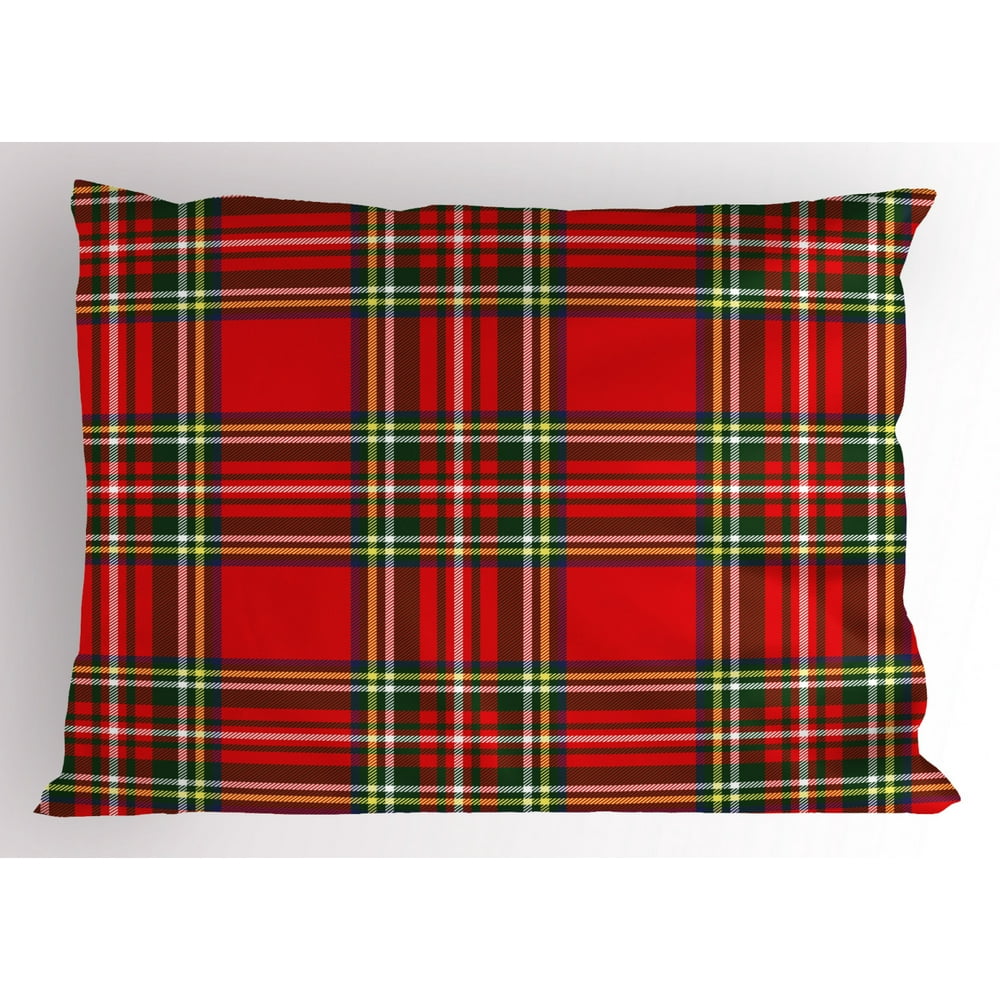 Red Plaid Pillow Sham European Western Culture Inspired Abstract Tartan
