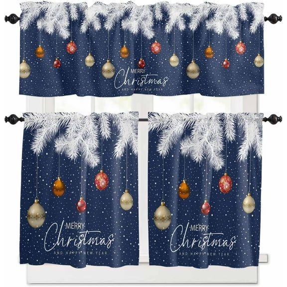 Blue Christmas Kitchen Curtains and Valances Set, Rod Pocket Curtains Tier Farmhouse Window Curtains 36 Inch Length, Winter White Pine Leaves Ball Snowflake 3 Piece Kitchen Curtains Set