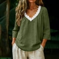 thumbnail image 4 of Womens T shirt 3/4 Sleeve Summer Tops V Neck Lace Trim Blouses Soft Cotton Linen Solid Color Tops Trendy Retro Autumn clothes Embroideried Pretty Outfits, 4 of 6