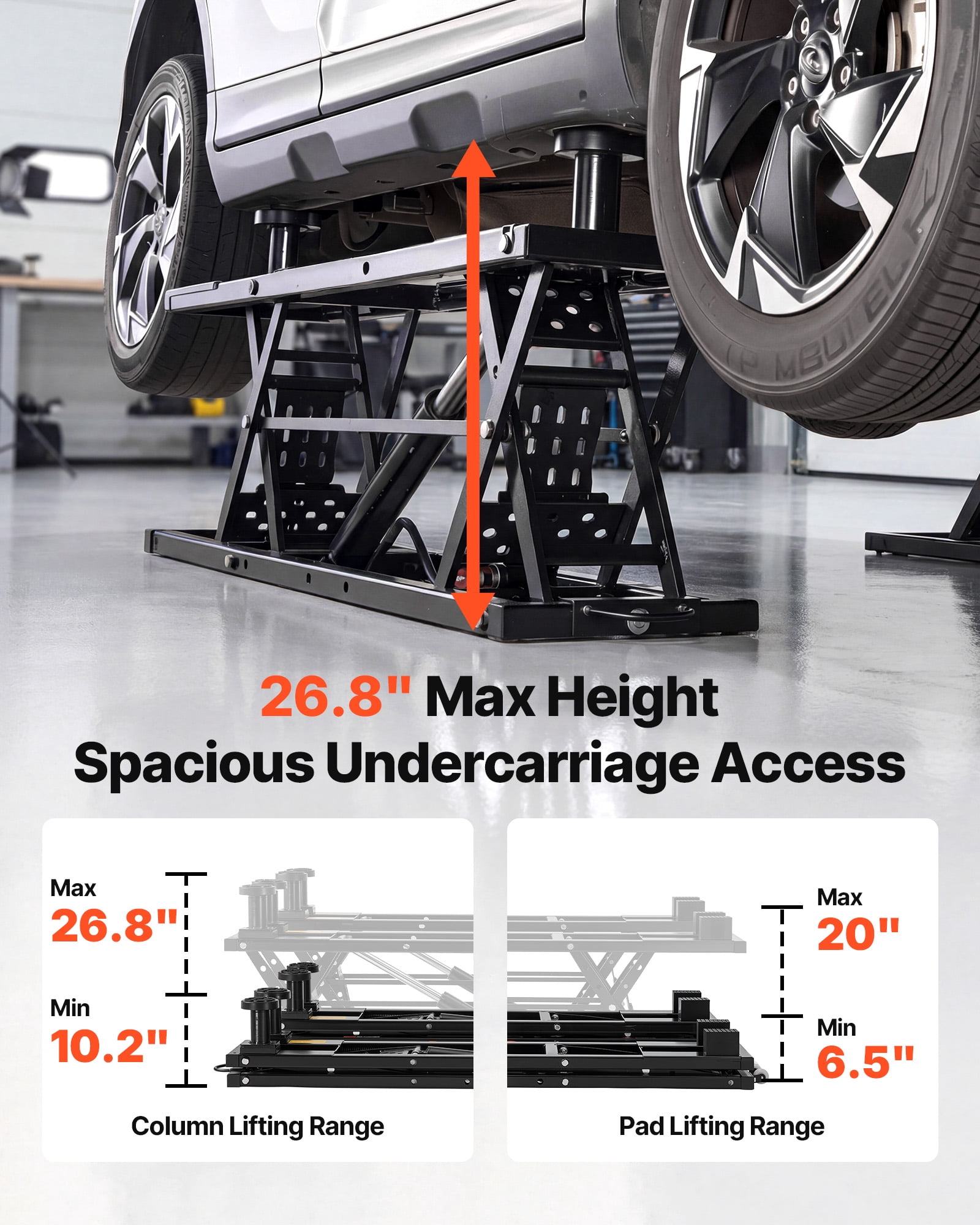 VEVOR Portable Car Lift, 7000 lbs Capacity, Heavy Duty Steel Truck Lift with 26.8" Max Height, Pneumatic Pump, Wheels, 4 Rubber Pads & 4 Lifting Columns for Cars, SUVs, Trucks,Home Garage or Shop Use