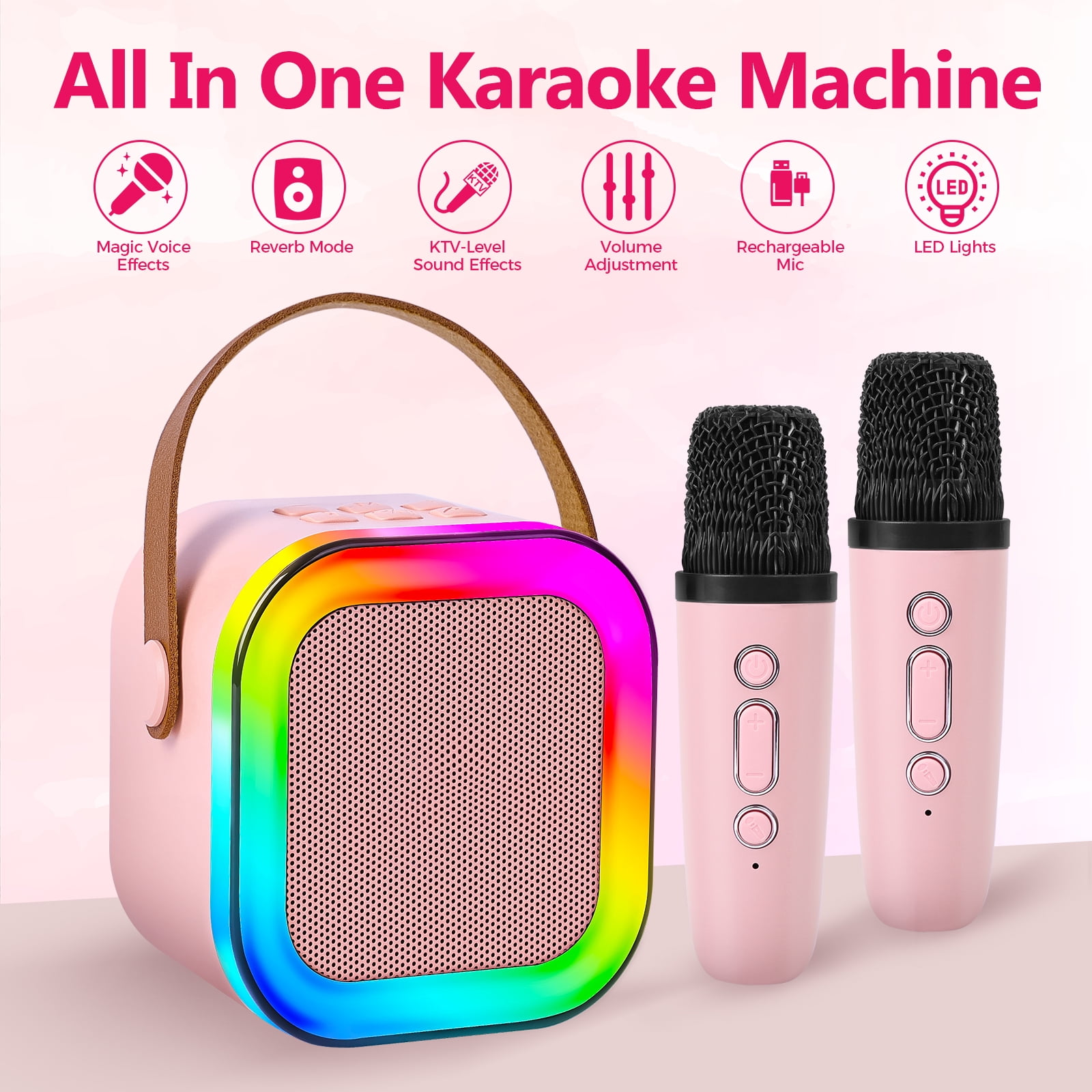 JELLOO Mini Karaoke Machine Portable Bluetooth Speaker with 2 Wireless Mic for Kids, Karafun Premium Songs for All Ages, Christmas Birthday Gifts for Girls Boys