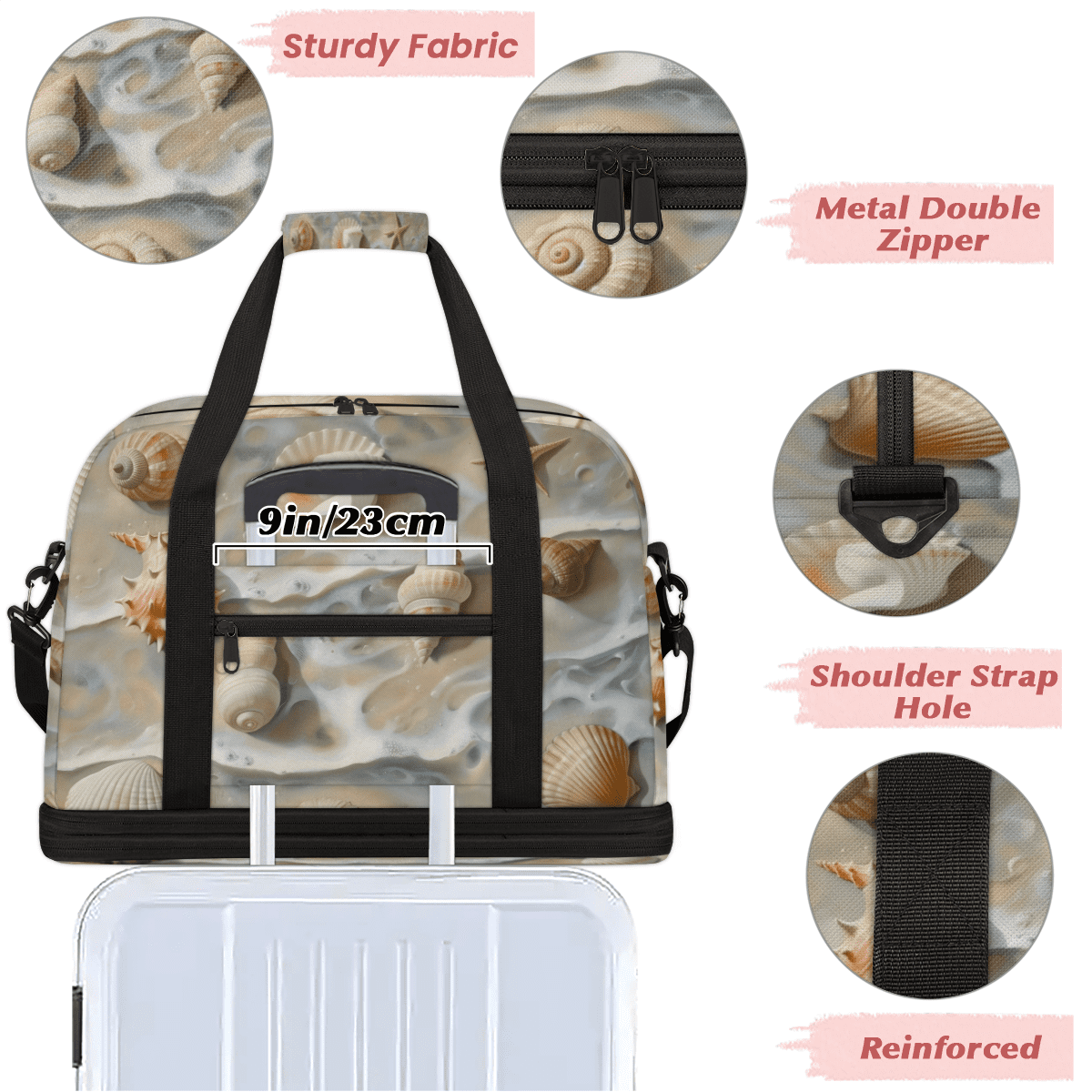 Herdesigns Beach Shells Starfish Sand Foldable Travel Duffel Bag with Shoe Compartment, Weekend Overnight Carry On Bags for Men Women, Large Sports Gym Luggage