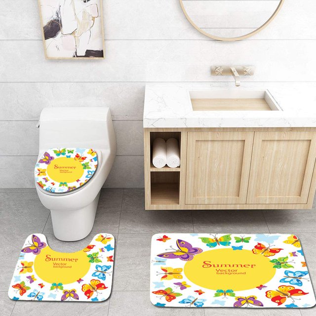 ABPHQTO Mariposas de verano Juego de alfombras de baño de 3 piezas Alfombra de baño Alfombra de contorno y tapa de inodoro