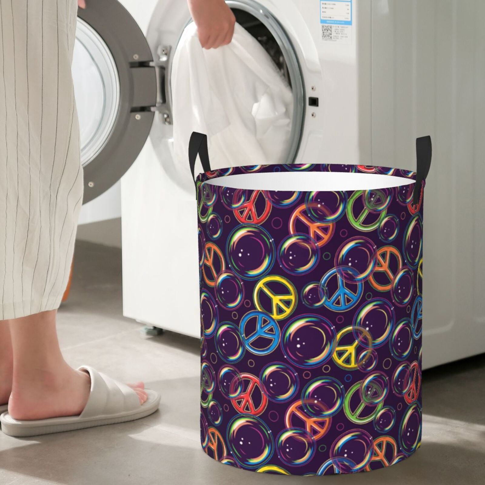 Large Laundry Basket with Handles - peace sign bubbles dark purple Kids Baby Dirty Clothes Laundry Hamper for Bedroom Aesthetic