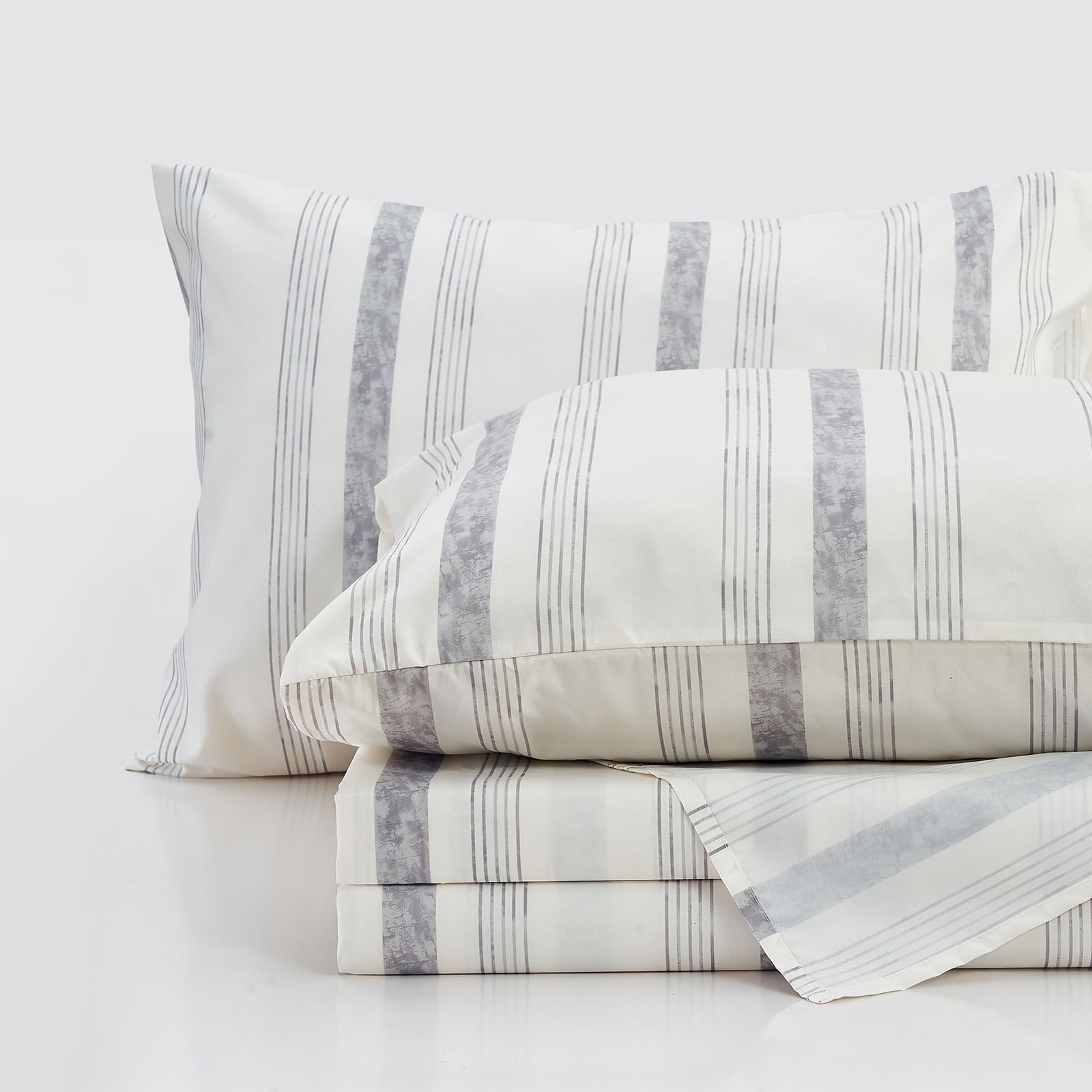 Gogreen Gray Striped Queen sheet set with Deep Pocket Fitted Sheet Set, Breathable Microfiber Printed Bedsheets
