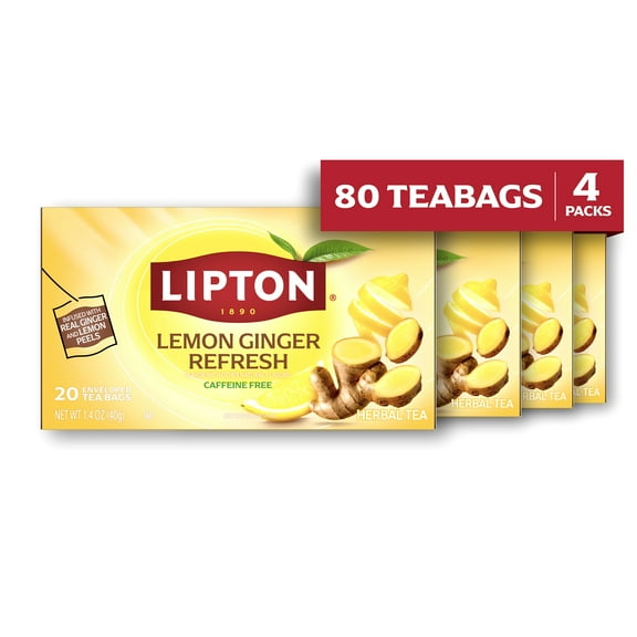 Lipton Lemon Ginger Refresh Tea Bags, Fruit & Herbal Tea, Caffeine Free, 20 count, pack of 4
