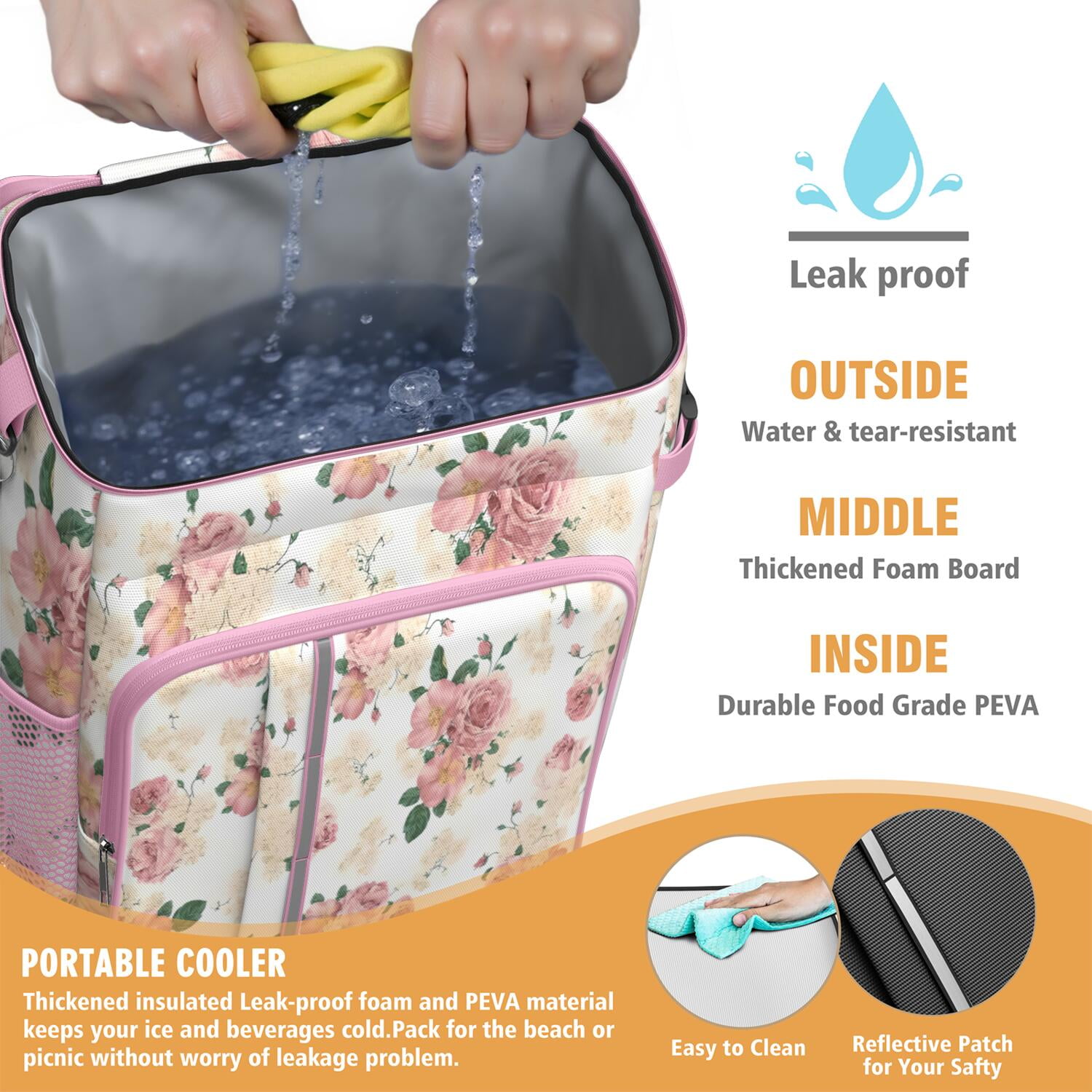 Travel Cooler Bag - Pioneer Flower Floral Print Pattern Camping Beer Cooler Backpack with Bottle Opener- Waterproof Insulated Picnic Backpacks - Cooler Bag for Beach