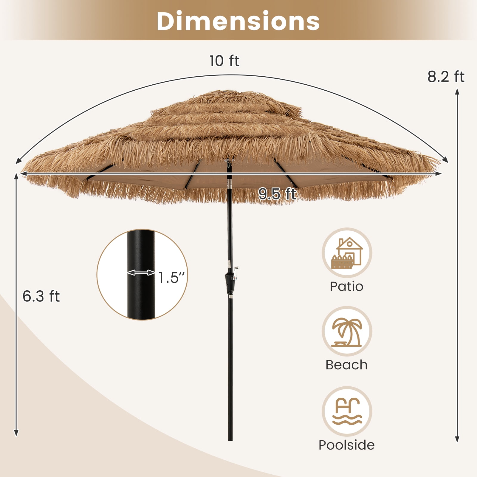Gymax 10 FT Hula Thatched Tiki Umbrella 2-Tier Hawaiian Style Solar Patio Umbrella