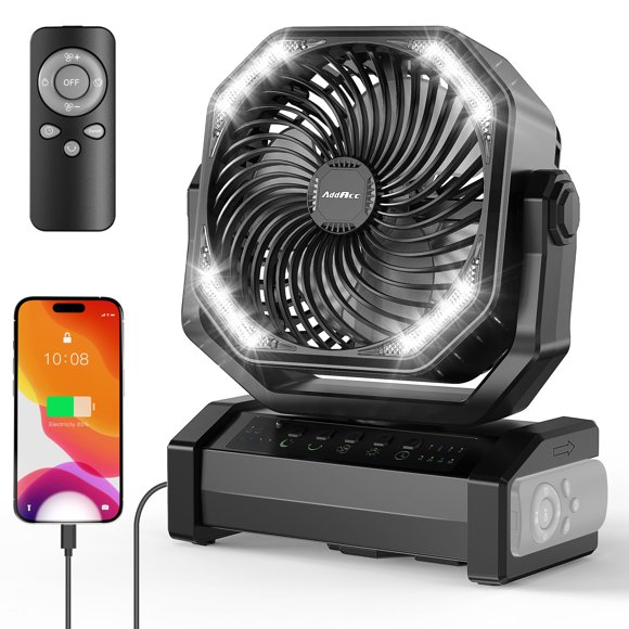 Ventilador de camping AddAcc de 20000 mAh recargable con luz y control remoto