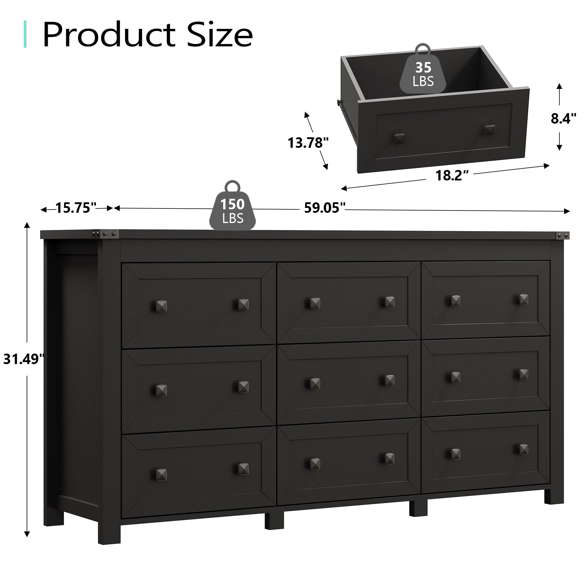 9-Drawer Dresser for Bedroom, Modern Wide Chest of Drawers, Wooden Storage Organizer for Closet, Living Room, Entryway, Home Office, Dresser with Ample Storage