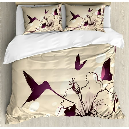 Birds Duvet Cover Set Flapping Tiny Hummingbird Interacting With