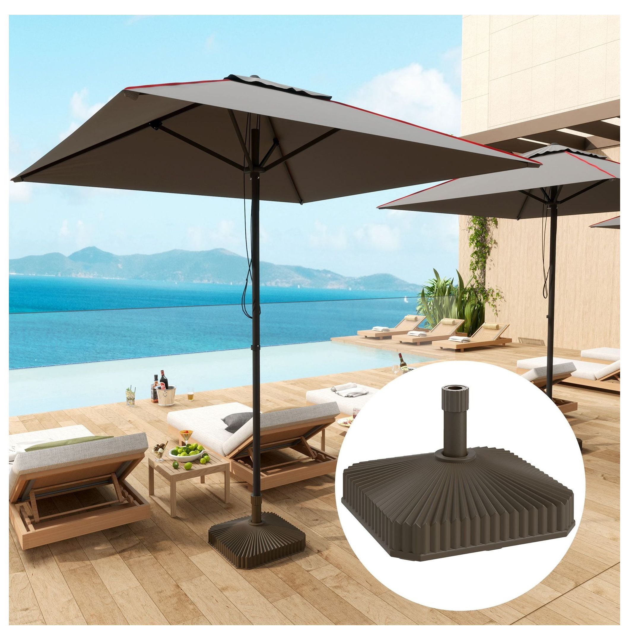 Patio Umbrella Base, Heavy Duty Outdoor Stand - 42lbs Sand/33lbs Water Fill - Garden, Pool, Deck - Brown