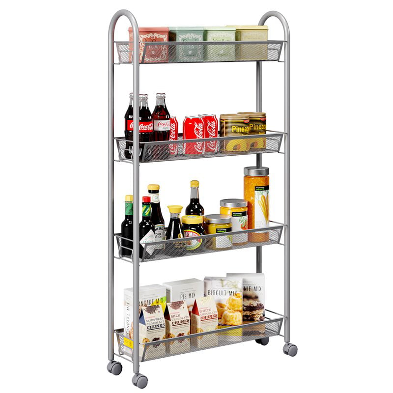 Cupboard with Casters Silver HOMFA 4-Tier Gap Kitchen Slim Slide Out Storage Tower Rack with Wheels 