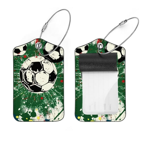 PhooArto 2 Pack Leather Luggage Tag with Stainless Steel Loop, Splashes Soccer Football Baggage Handbag Travel Suitcase Tags with Name ID Card Perfect to Quickly Spot Luggage Suitcase